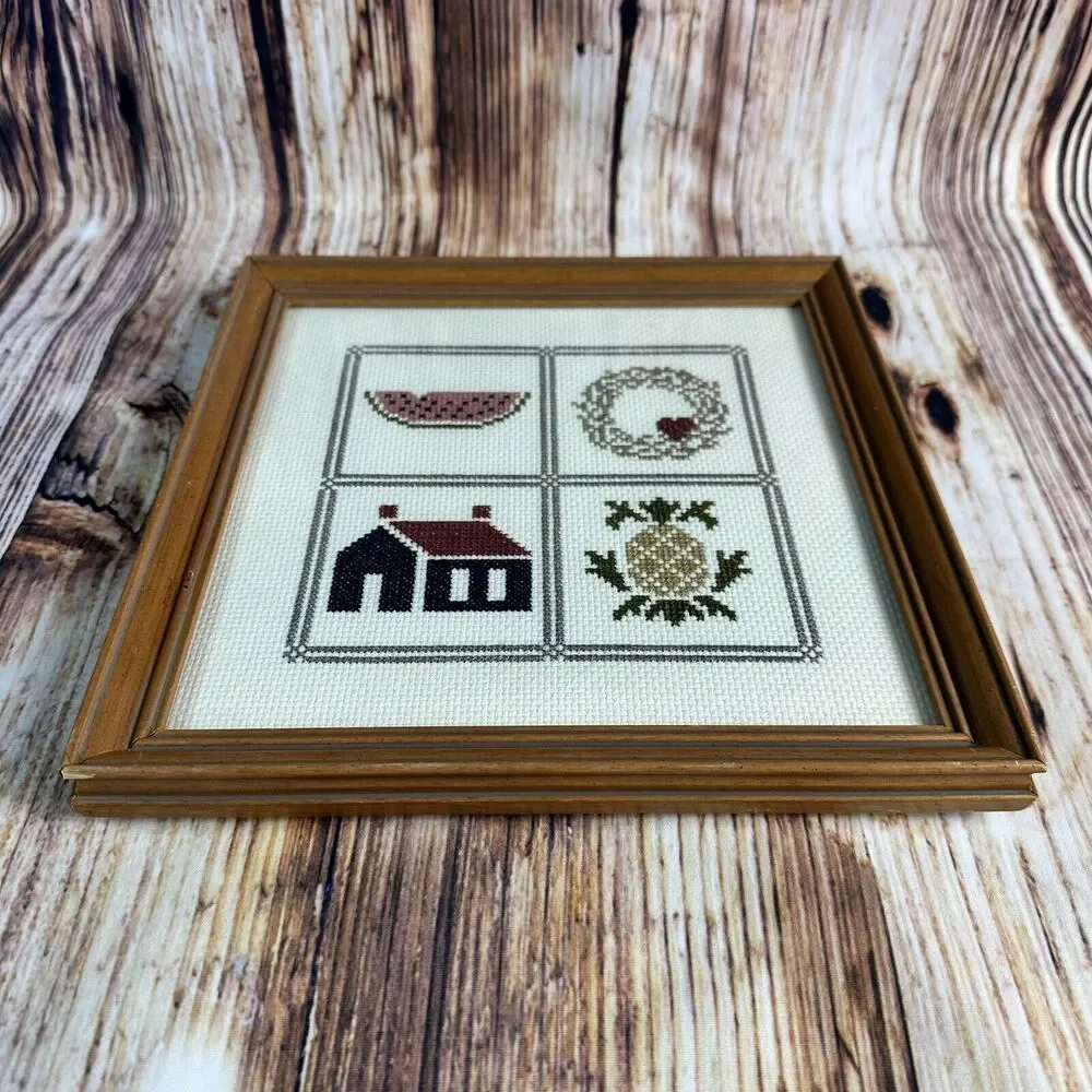 Vintage Cross Stitch House Warming Gift Pineapple Wreath Framed Finished 9x9 - Picture 2 of 11